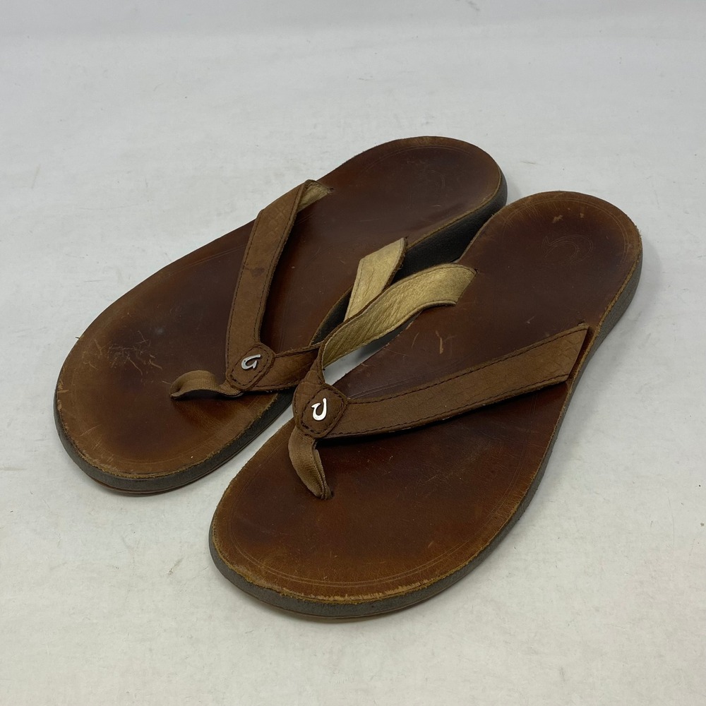 OluKai Pua Women 8 Dark Java Brown Leather Snake Embossed Flip Flops 20289